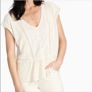 LUCKY BRAND Ivory Woven Embroidered Peplum Slub Knit Top Women’s Size Small